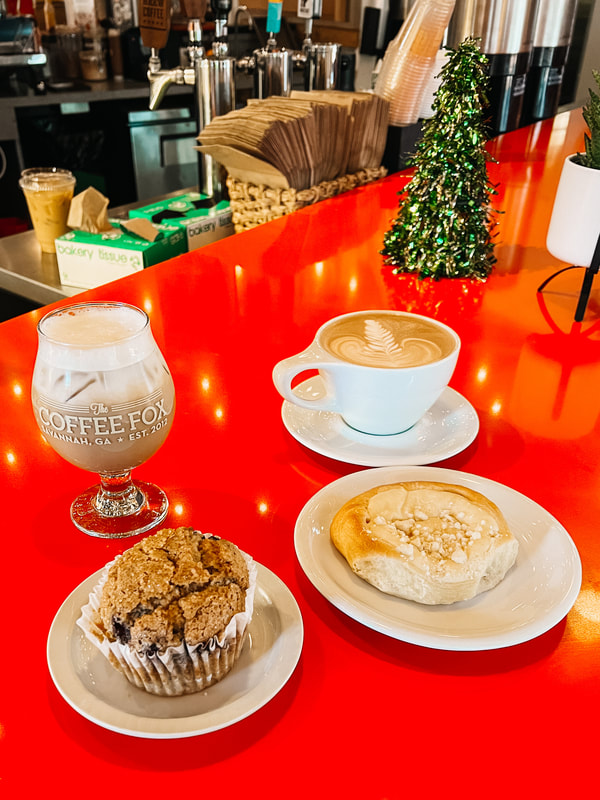 Cafe con leche, mocha, pastry, dairy free, gluten free, blueberry muffin, The Coffee Fox, Savannah, Georgia